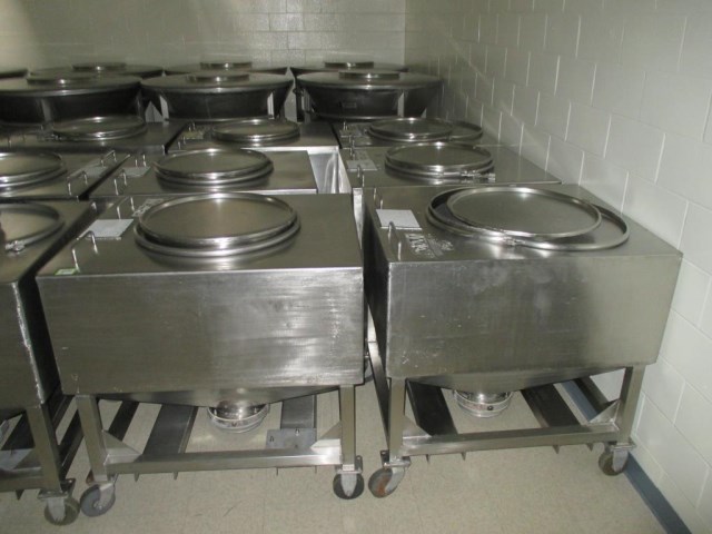 (11) used 19 Cu.Ft.(140 Gallon) Portable Product Transfer Tote Tanks.  Stainless Steel Sanitary construction. 35